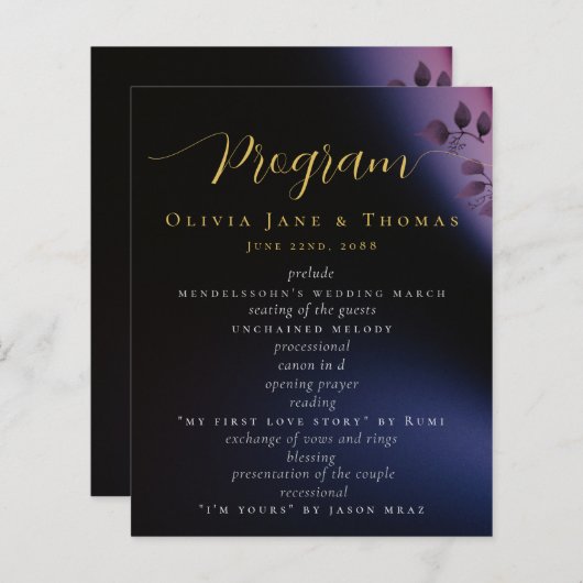 Elegant modern Moody Black Paars Wedding Programme (Voorkant / Achterkant)