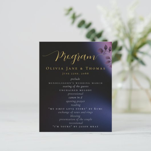 Elegant modern Moody Black Paars Wedding Programme (Staand voorkant)
