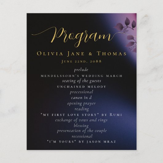 Elegant modern Moody Black Paars Wedding Programme (Voorkant)