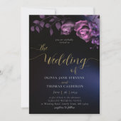 Elegant Modern Moody Black Paarse Floral Wedding Kaart (Voorkant)