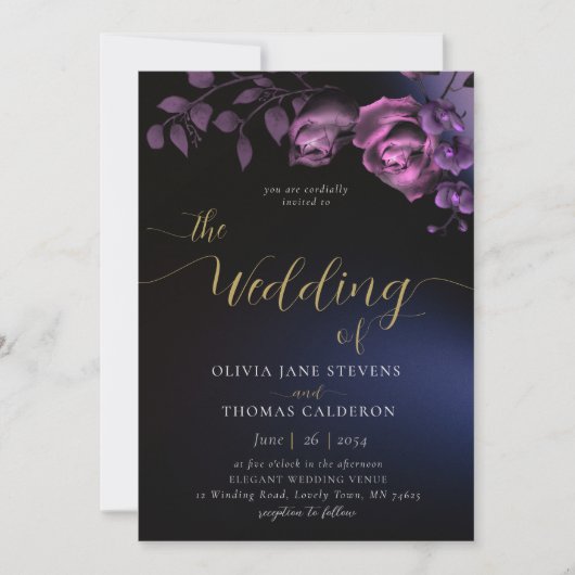 Elegant Modern Moody Black Paarse Floral Wedding Kaart (Voorkant)