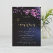 Elegant Modern Moody Black Paarse Floral Wedding Kaart (Staand voorkant)