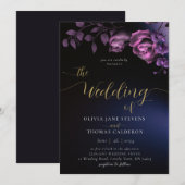 Elegant Modern Moody Black Paarse Floral Wedding Kaart (Voorkant / Achterkant)