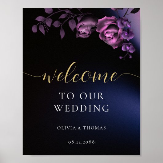 Elegant Modern Moody Black Paarse Floral Wedding Poster (Voorkant)