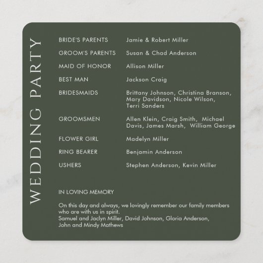 Elegant Modern Mos Groen Bruiloft Programmakaart (Achterkant)