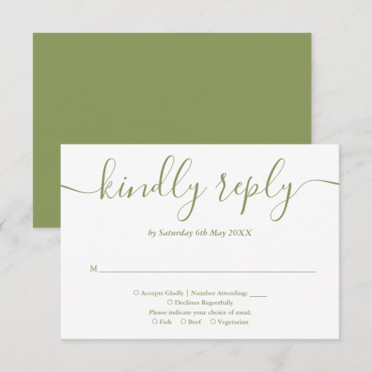 Elegant Modern Moss Green Script RSVP Kaartje (Voorkant / Achterkant)