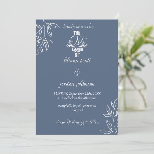 elegant modern mosterd blauw huwelijk in uitnodigi kaart (Staand voorkant)