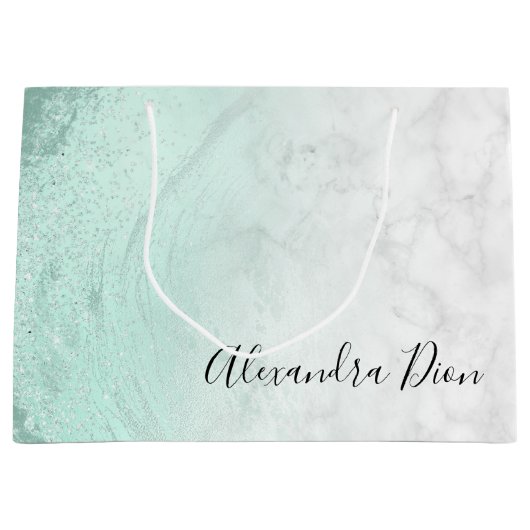 Elegant modern muntgroen glitter witte marmer groot cadeauzakje (Voorkant)