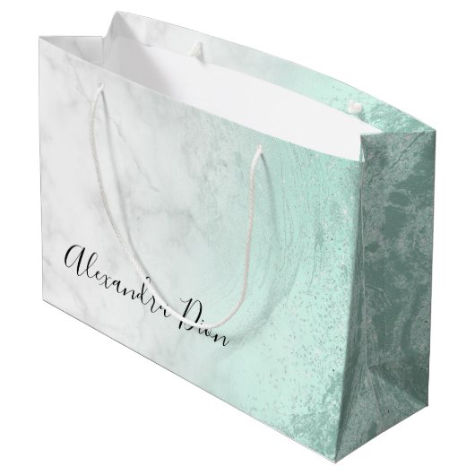 Elegant modern muntgroen glitter witte marmer groot cadeauzakje (Achterkant Gekanteld)