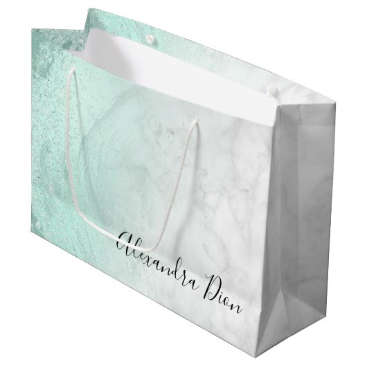 Elegant modern muntgroen glitter witte marmer groot cadeauzakje (Voorkant Gekanteld)