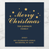 Elegant Modern Navy Blauw Goud Vrolijk Kerstfeest Wijn Etiket (Enkel label)