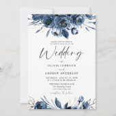 Elegant Modern Navy Blue and Silver Floral Wedding Kaart (Voorkant)