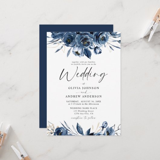 Elegant Modern Navy Blue and Silver Floral Wedding Kaart (Voorkant / Achterkant in situ)
