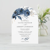 Elegant Modern Navy Blue Arch Floral Wedding Kaart (Staand voorkant)