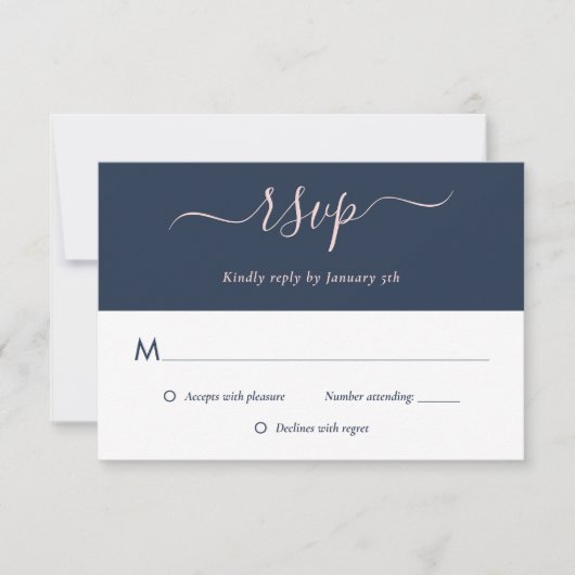 Elegant Modern Navy Blue Blush Wedding RSVP-kaarte RSVP Kaartje (Voorkant)