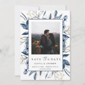 Elegant Modern Navy Blue Botanical Photo Wedding  Save The Date (Voorkant)