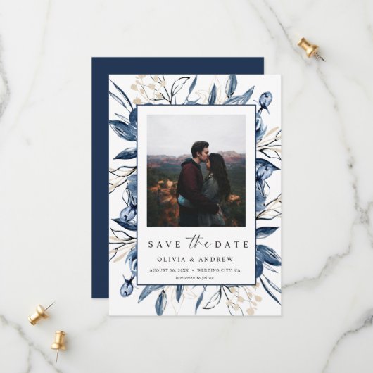 Elegant Modern Navy Blue Botanical Photo Wedding  Save The Date (Voorkant / Achterkant in situ)