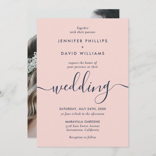 Elegant Modern Navy Blue en Blush Photo Wedding Kaart (Voorkant / Achterkant)