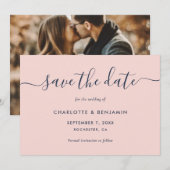 Elegant Modern Navy Blue en Blush Photo Wedding Save The Date (Voorkant / Achterkant)