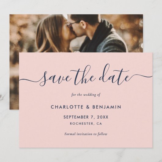 Elegant Modern Navy Blue en Blush Photo Wedding Save The Date (Voorkant / Achterkant)