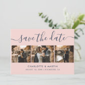 Elegant Modern Navy Blue en Blush Wedding 4 Foto Save The Date (Staand voorkant)