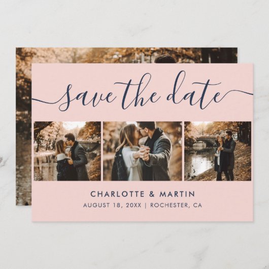 Elegant Modern Navy Blue en Blush Wedding 4 Foto Save The Date (Voorkant / Achterkant)