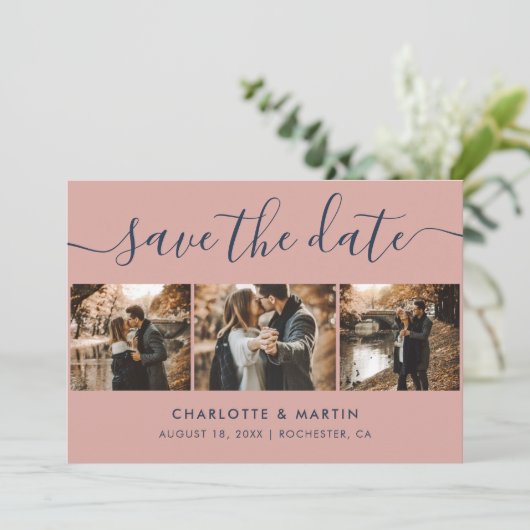 Elegant Modern Navy Blue en Blush Wedding 4 Foto Save The Date (Staand voorkant)