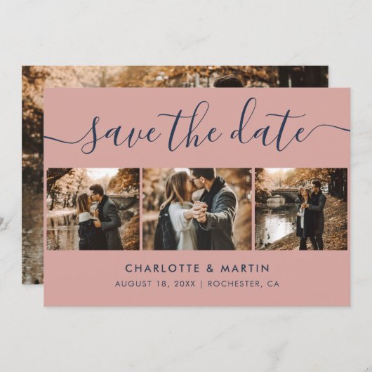 Elegant Modern Navy Blue en Blush Wedding 4 Foto Save The Date (Voorkant / Achterkant)