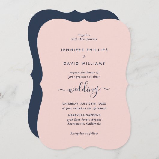 Elegant Modern Navy Blue en Blush Wedding Kaart (Voorkant / Achterkant)