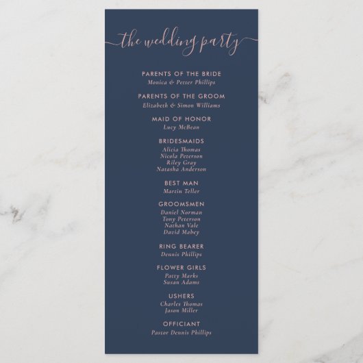 Elegant Modern Navy Blue en Blush Wedding Programmakaart (Achterkant)