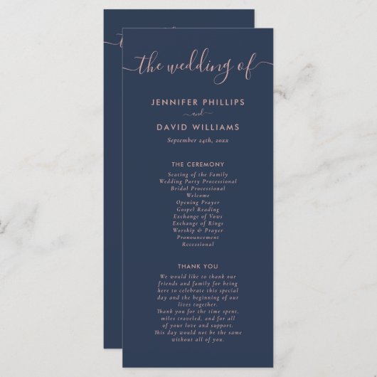 Elegant Modern Navy Blue en Blush Wedding Programmakaart (Voorkant / Achterkant)