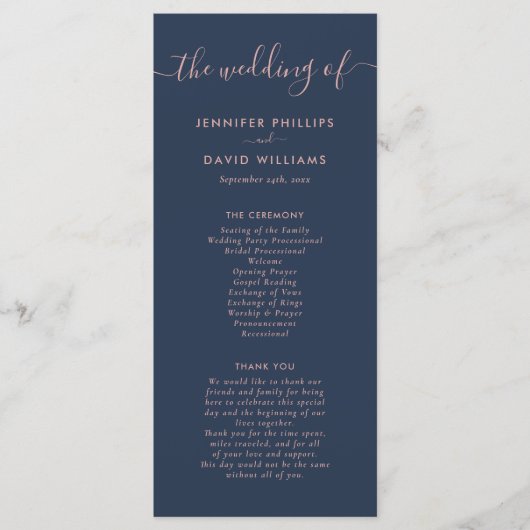 Elegant Modern Navy Blue en Blush Wedding Programmakaart (Voorkant)