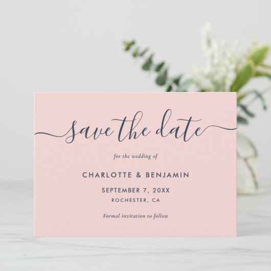 Elegant Modern Navy Blue en Blush Wedding Save The Date (Staand voorkant)
