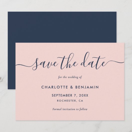 Elegant Modern Navy Blue en Blush Wedding Save The Date (Voorkant / Achterkant)