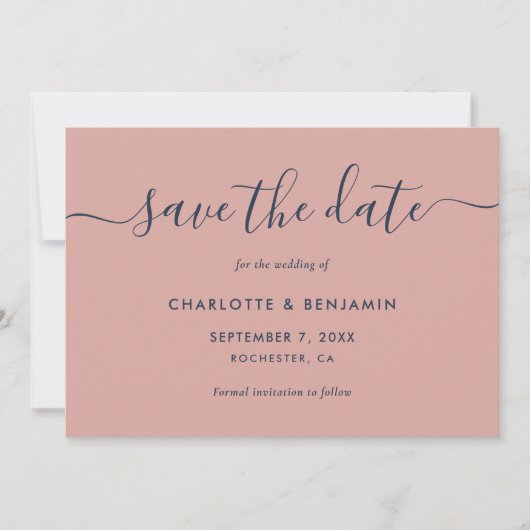 Elegant Modern Navy Blue en Blush Wedding Save The Date (Voorkant)