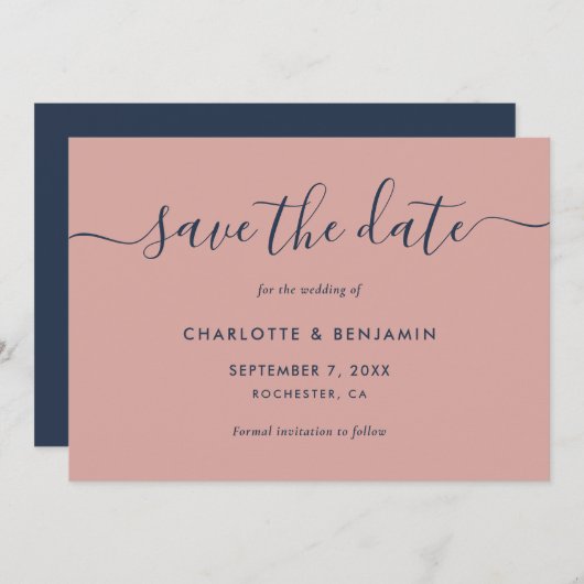 Elegant Modern Navy Blue en Blush Wedding Save The Date (Voorkant / Achterkant)