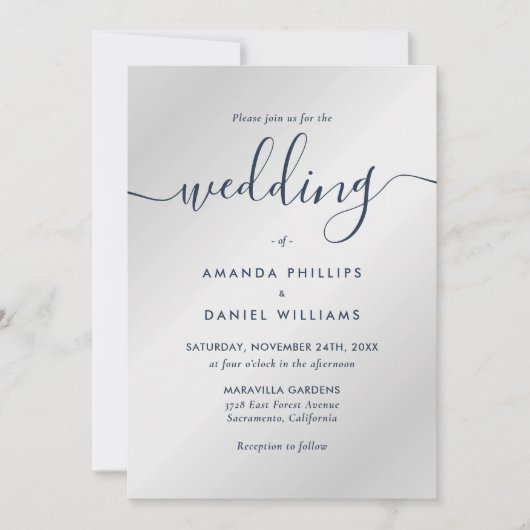 Elegant Modern Navy Blue en Silver Photo Wedding Kaart (Voorkant)