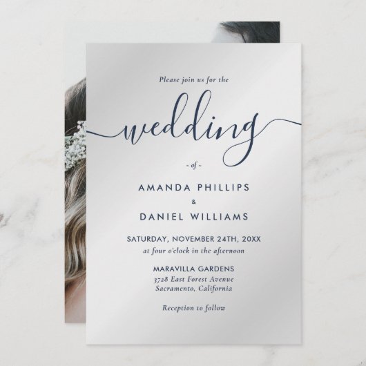 Elegant Modern Navy Blue en Silver Photo Wedding Kaart (Voorkant / Achterkant)