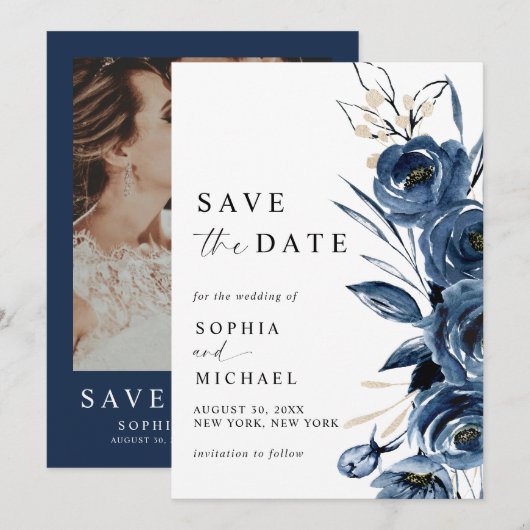 Elegant Modern Navy Blue Floral & Photo Wedding Save The Date (Voorkant / Achterkant)
