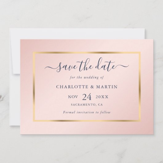 Elegant Modern Navy Blue Gold Blush Wedding Save The Date (Voorkant)