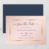 Elegant Modern Navy Blue Gold Blush Wedding Save The Date (Voorkant / Achterkant)