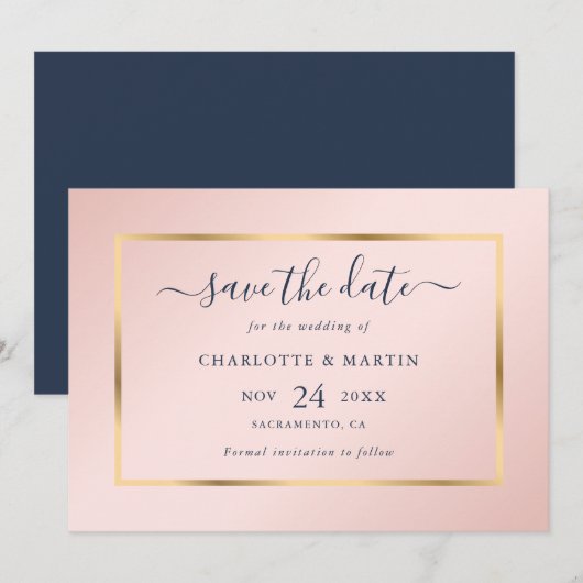 Elegant Modern Navy Blue Gold Blush Wedding Save The Date (Voorkant / Achterkant)
