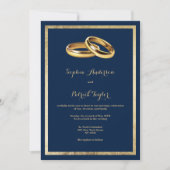 Elegant modern navy blue gold rings Wedding Kaart (Voorkant)