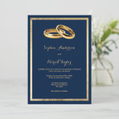 Elegant modern navy blue gold rings Wedding Kaart (Staand voorkant)