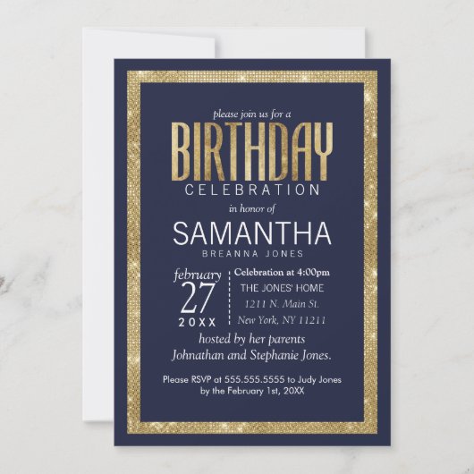 Elegant Modern Navy Blue Gold Sequin Birthday Kaart (Voorkant)