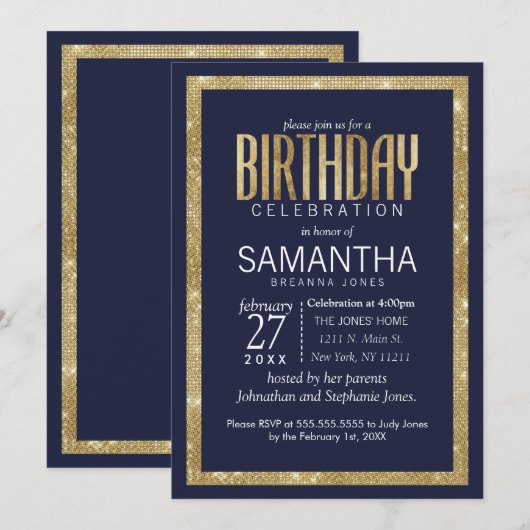 Elegant Modern Navy Blue Gold Sequin Birthday Kaart (Voorkant / Achterkant)