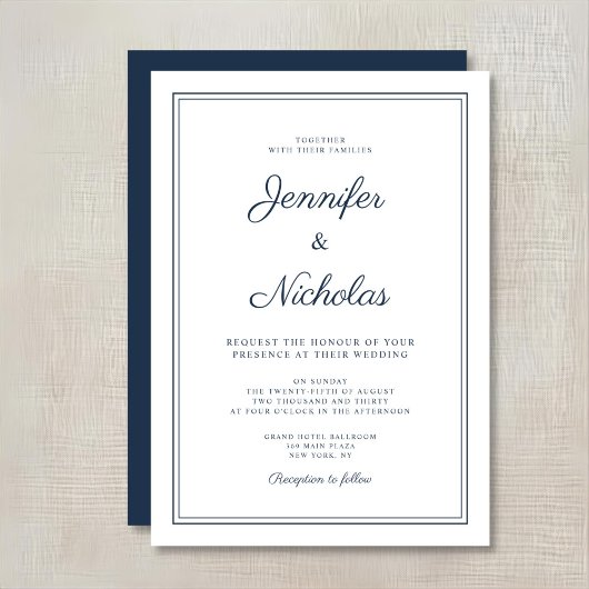 Elegant Modern Navy Blue Script Wedding Kaart