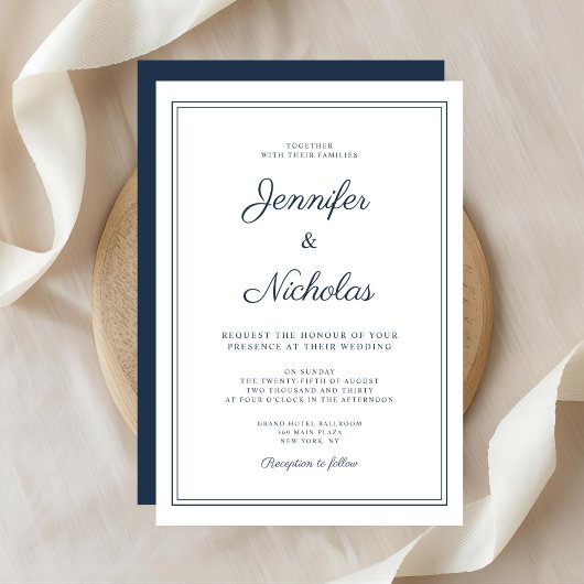 Elegant Modern Navy Blue Script Wedding Kaart