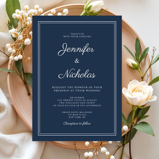 Elegant Modern Navy Blue Script Wedding Kaart