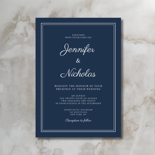 Elegant Modern Navy Blue Script Wedding Kaart